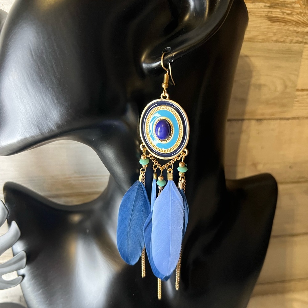 NWT shades of blue boho feather earrings. - Picture 2 of 6